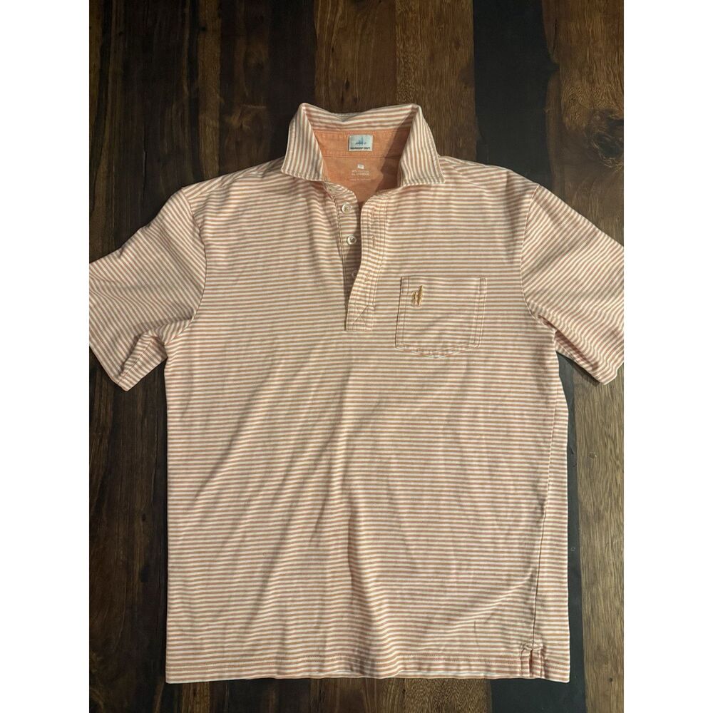 Johnnie-O Men’s Original 4-Button Polo – Ryan – Size S – Salmon w/ White Stripes